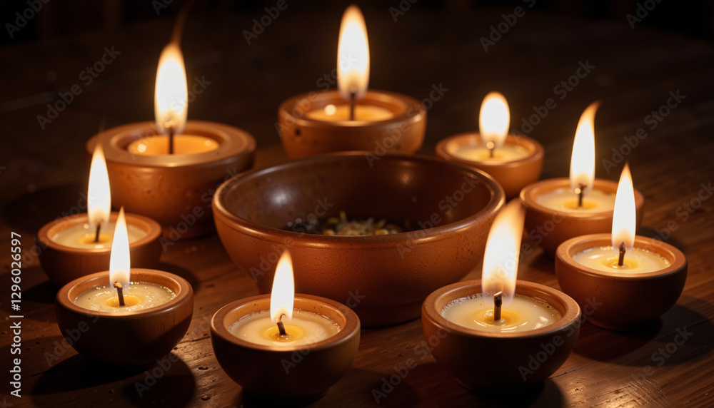 Warm oil lamps in ritual setting, serene illumination, Easter
Warm oil lamps in ritual setting, serene illumination, Easter