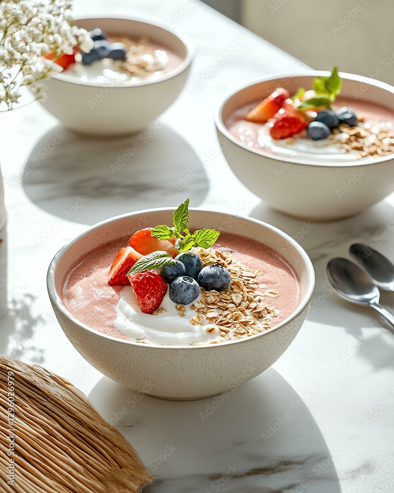 Delicious yogurt bowls topped with fresh strawberries, blueberries, and granola, perfect for a nutritious breakfast. Delicious yogurt bowls topped with fresh strawberries, blueberries, and granola, perfect for a nutritious breakfast.