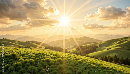 Golden Ray of light breaking through darkness
 illuminating green hills at dawn, divine inspiration, Easter photo