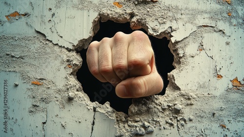 Fist Shattering Concrete Barrier: Power and Strength in Mixed Media Art