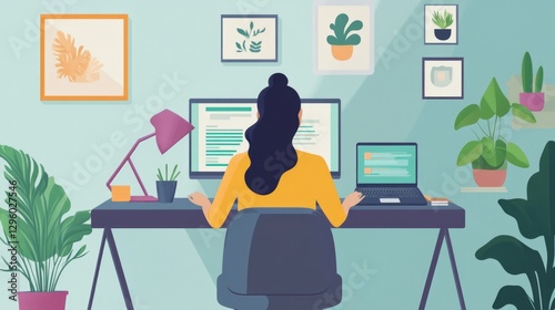Freelance Life: Cartoon Woman in Home Office Setting, Embracing Remote Work and Effective Daily Planning