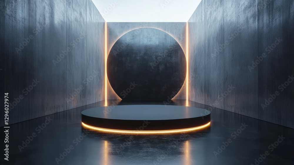 Minimalist black podium in a reflective space with bright lighting Minimalist black podium in a reflective space with bright lighting