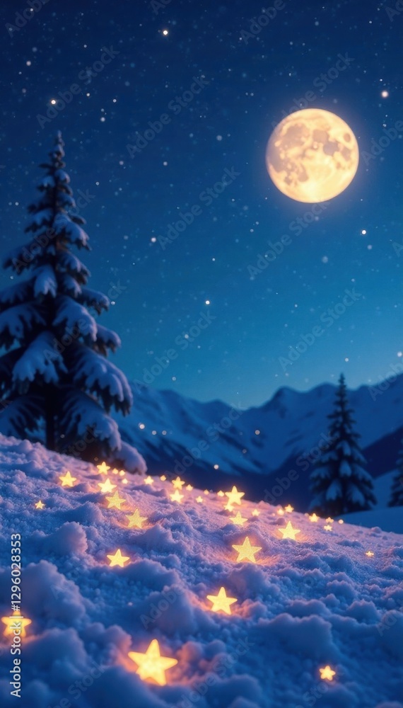 Naklejka premium Sparkling confetti stars on a snowy night sky with glittering stars and moon , starry sky, Christmas background, winter wonderland
