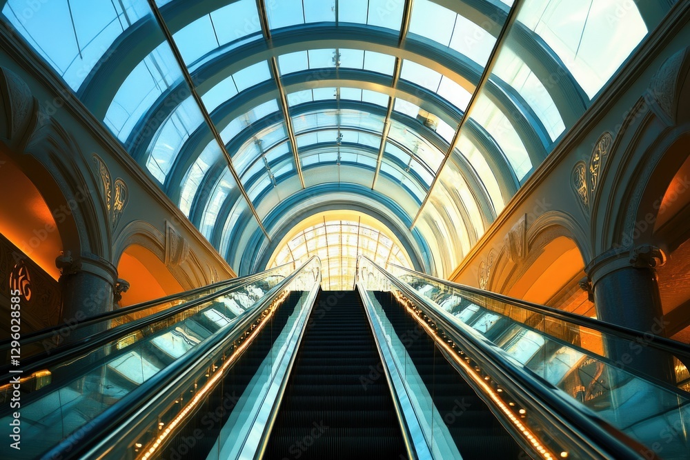 Fototapeta premium Modern Escalator Design in an Urban Shopping Mall with Glass Ceilings and Contemporary Architecture