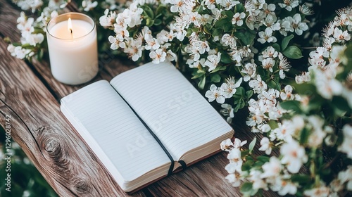 Spring Blooms Lit Candle Blank Notebook on Rustic Wood