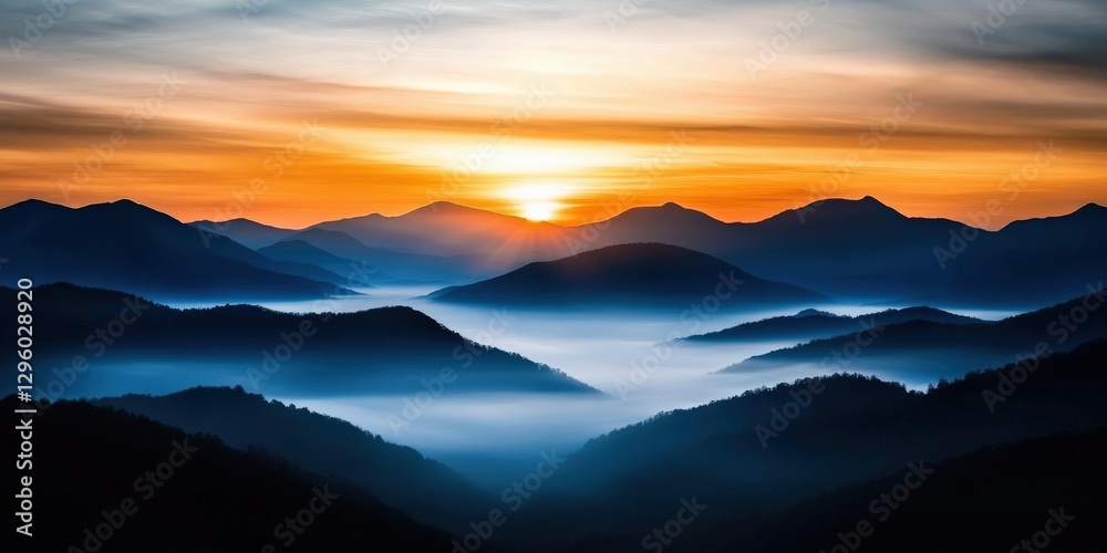 Ethereal mist-covered valley at sunrise, layers of mountains fading into the distance, dreamy and atmospheric natural landscape Ethereal mist-covered valley at sunrise, layers of mountains fading into the distance, dreamy and atmospheric natural landscape