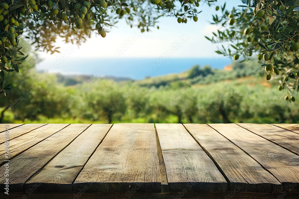 Wooden table overlooking olive grove and sea. Wooden table overlooking olive grove and sea.