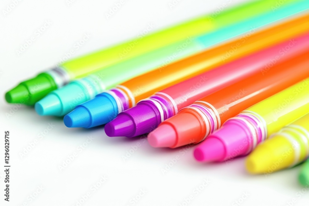 Vibrant Marker Showcase on Crisp White Backdrop - A Colorful Closeup of Pastel Highlighters and Crayons Vibrant Marker Showcase on Crisp White Backdrop - A Colorful Closeup of Pastel Highlighters and Crayons