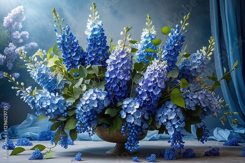 Enchanting Floral Composition in Ethereal Setting Featuring Vibrant Indigo Lilacs and Stunning 3D Design