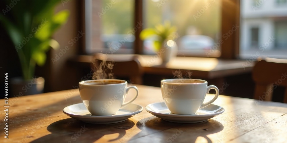 Fototapeta premium Warm Morning Sunlight Illuminates Two Steaming Cups of Coffee on a Wooden Table in a Cozy Cafe Setting