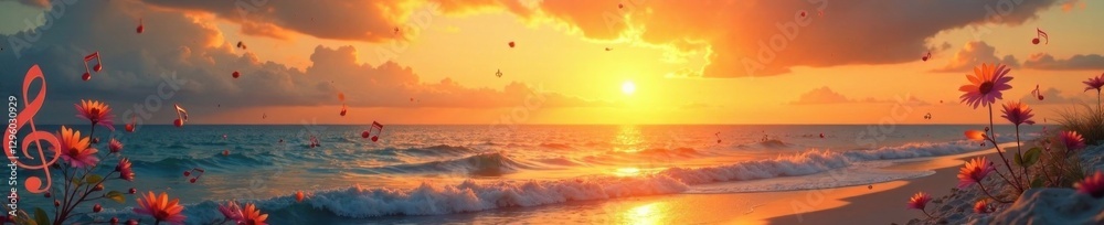 Obraz premium Summer sunset with decorative treble clef and floating summer music notes, summer music, summer music notes, relaxed atmosphere