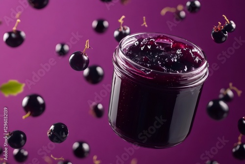 Blackcurrant jam in glass jar, ripe berries cascading against vivid purple backdrop, highlighting fresh, tempting preserve