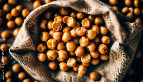 Raw chickpeas in linen bag. Close up. 