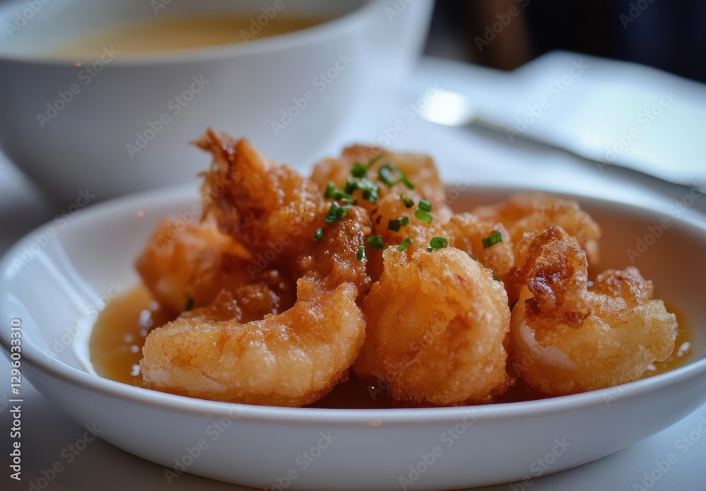 Crispy fried shrimp served in a white plate with garnishing and a bowl of soup in the background, perfect for food lovers and culinary enthusiasts Crispy fried shrimp served in a white plate with garnishing and a bowl of soup in the background, perfect for food lovers and culinary enthusiasts