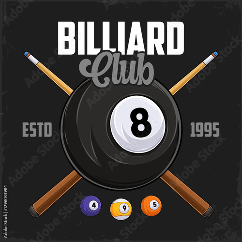 Hand drawn billiard eight ball with cues and shiny balls ready to break for a pool club competition