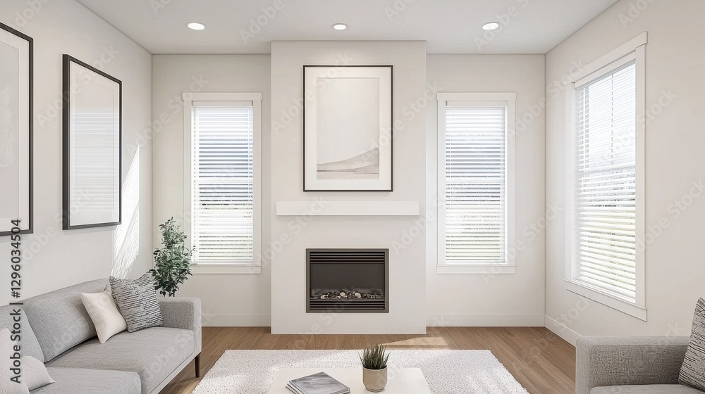 Fototapeta premium Modern Living Room Interior with Cozy Fireplace and Natural Light