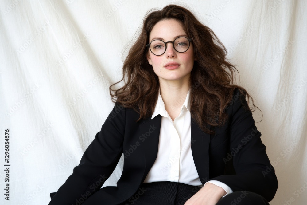 Woman in business attire poses confidently against a simple white backdrop Woman in business attire poses confidently against a simple white backdrop