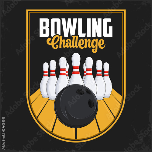 Hand drawn black bowling ball with a white pins ready to strike badge for a bowling club isolated