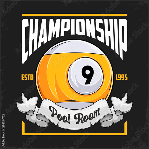 Hand drawn striped white and yellow billiard nine ball badge for a pool room championship club