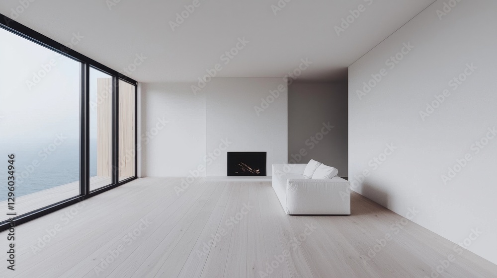 Obraz premium Minimalist Living Room with Modern Couch and Ocean View