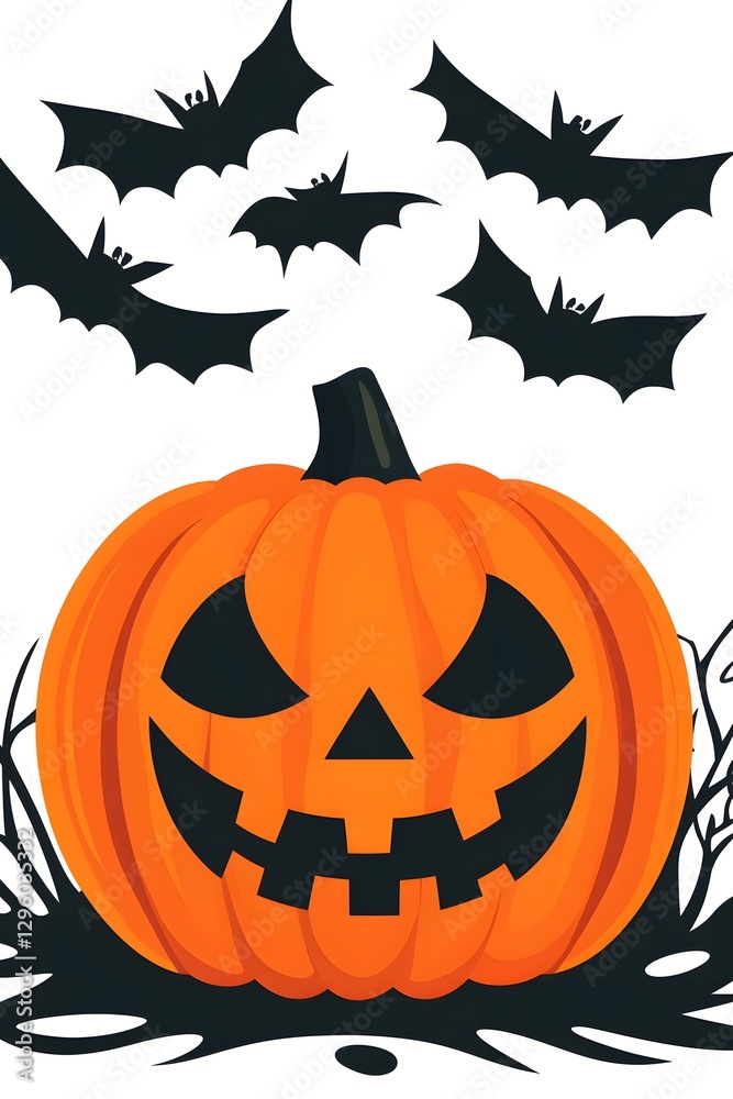 Fototapeta premium Spooky Halloween Pumpkin with Flying Bats Illustration