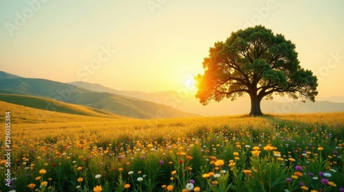 Wallpaper Mural Serene Sunrise Over Rolling Hills and Vibrant Wildflower Meadow with Majestic Solitary Tree Torontodigital.ca