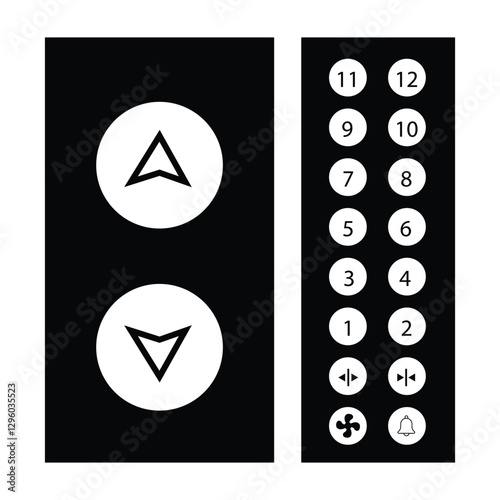 Elevator Buttons Panel and Call Buttons for Building Up and Down silhouette vector isolated on white background