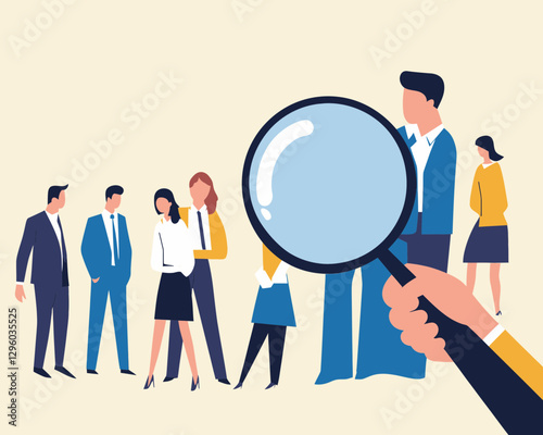 Flat Minimalist Vector of HR Recruitment with Magnifying Glass Searching for Best Candidate, Head Hunter Choosing Talent for Job Vacancy, Employer Boss Selecting Interview People