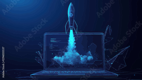 Abstract Rocket Launch From Laptop Screen, Spaceship Takeoff With Smoke, Startup and Boosting Concept, Low Poly Wireframe Vector Illustration, Technological Blue Background, 3D Effect