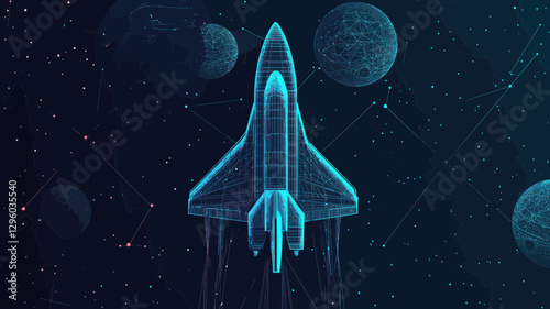 Wireframe Space Shuttle in Starry Cosmos - Abstract Vector Illustration of Spacecraft Surrounded by Planets and Stars in Galaxy - Minimalist Flat Design