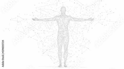 Low Poly Wireframe Human Figure with Starry Sky and Universe Abstract Background - Classic Proportion Man Origami Style Vector Illustration