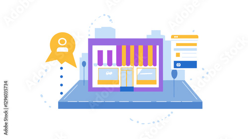 Flat Design Illustration of Locating Nearest Store with GPS Pin and Digital Interface for Apps and Business Marketing