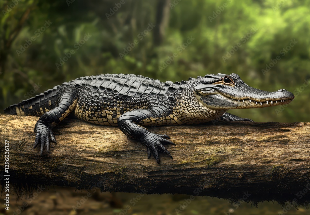 Obraz premium Crocodile Relaxing on a Log in a Lush Green Forest Surrounded by Natural Wilderness and Soft Light Filtering Through Tree Canopy