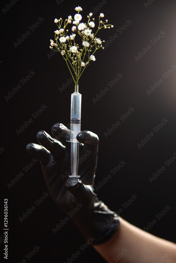 Contrast of nature and science, black gloved hand holds syringe with blooming flowers against dark background, innovation concept
