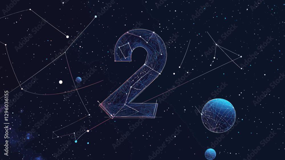 Naklejka premium Starry Space Number Two Digit 2 Wireframe with Planets and Stars Abstract Vector Minimalist SVG