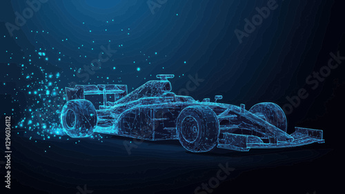 Poly F1 Race Car in Motion with Flying Debris, Vector Bolide Mesh Spheres, Speed Concept, Blue Structure, Minimalist Flat SVG Illustration