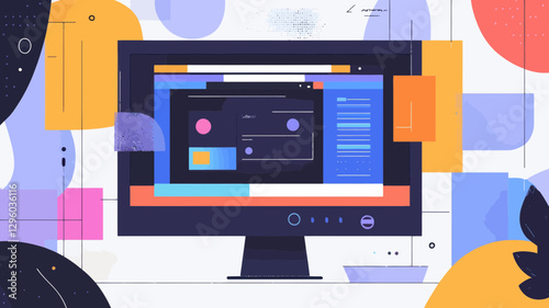 Vector Illustration of Modern Website Interface on a Computer Screen - Concept for One Click Solutions, Web Development, Digital Design, UI/UX, and Technology
