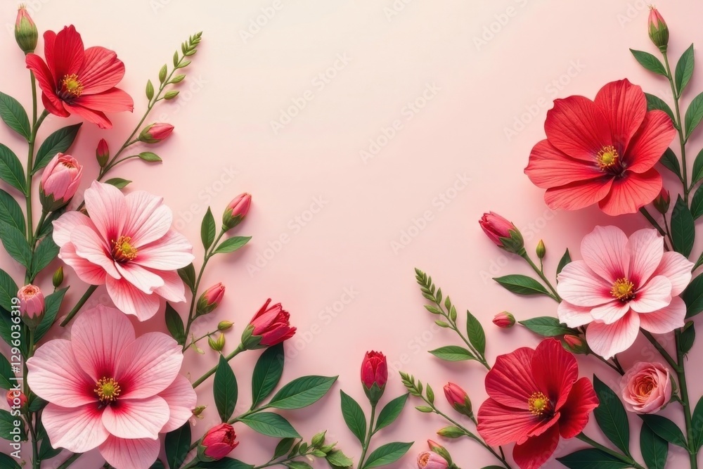 Fototapeta premium Lovely pink and red blossoms arranged symmetrically on a soft pink background, creating a delicate and elegant floral frame.