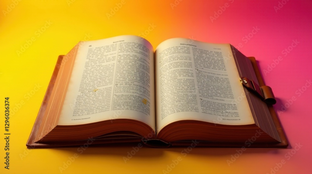 An antique book with aged pages lies open, revealing dense text and a leather clasp, resting on a vibrant yellow and pink gradient background. An antique book with aged pages lies open, revealing dense text and a leather clasp, resting on a vibrant yellow and pink gradient background.