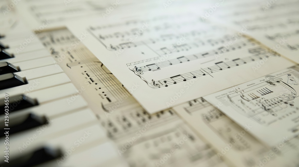 Close up of piano keys and sheet music. Macro photograph of piano or music instrument and music notes in abstract art. Music and composition concept for design and print. 3D rendering artwork. AIG53. Close up of piano keys and sheet music. Macro photograph of piano or music instrument and music notes in abstract art. Music and composition concept for design and print. 3D rendering artwork. AIG53.