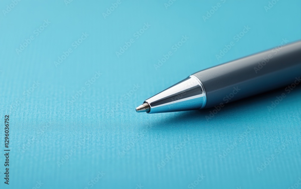 Close up of a grey metallic ballpoint pen on a vibrant blue background Perfect for office supplies writing stationery and business concepts Close up of a grey metallic ballpoint pen on a vibrant blue background Perfect for office supplies writing stationery and business concepts