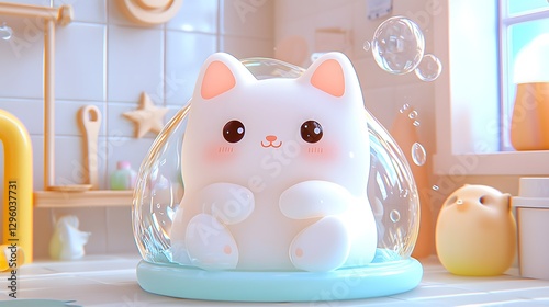 Adorable White Cat in Bubble Bath Pastel Kitchen Setting