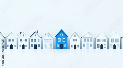 Row of Minimalist White Houses with One Distinctive Blue House in Center Against a Light Background Representing Individuality and Distinction in Real Estate Choices