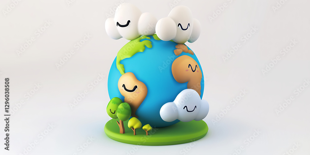 Naklejka premium A cheerful cartoon globe with smiling clouds