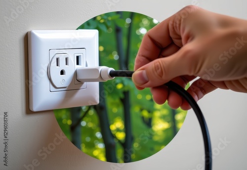 Hand Plugging In Cable To Electric Outlet With Nature Background