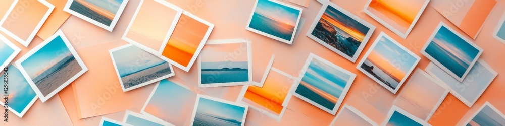 Fototapeta premium Seascape photos scattered on a peach background.