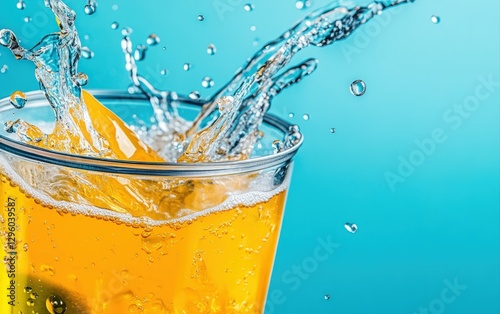Glass of freshly squeezed orange juice with dynamic splashes of water creating a refreshing and invigorating scene