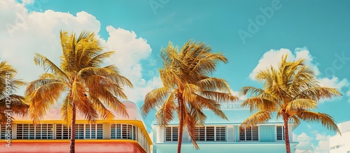 Miami Beach with pastel pink and blue buildings with palm trees
