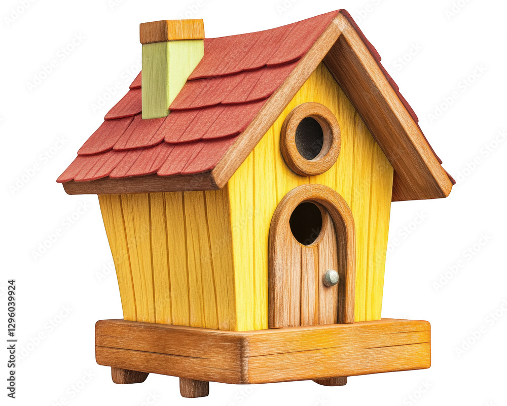 colorful wooden birdhouse with red roof and yellow walls, featuring round door and two circular windows, perfect for garden decor and attracting birds colorful wooden birdhouse with red roof and yellow walls, featuring round door and two circular windows, perfect for garden decor and attracting birds