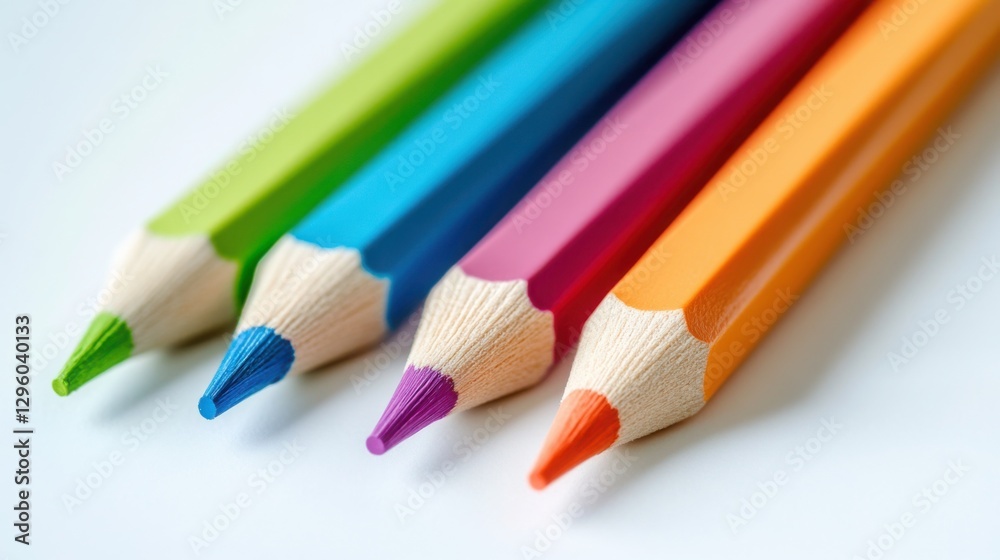 Four Colored Pencils on White Background, Close-Up Four Colored Pencils on White Background, Close-Up